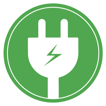 Green Circle Icon with an illustrated electrical plug in center. 