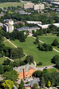 Aerial view of Iowa State University's Central Campus.