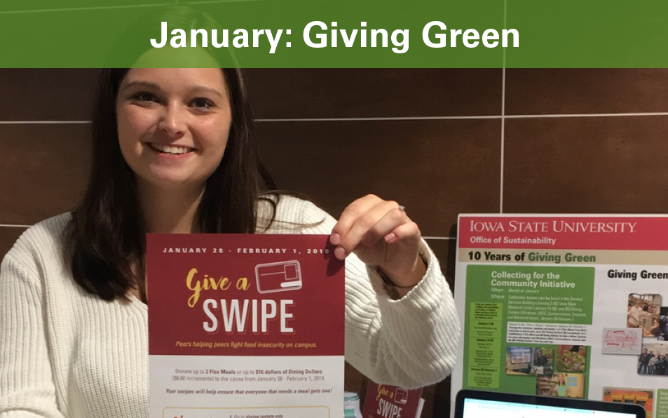 Student holding promotional flyer on Iowa State University's "Give a Swipe" food drive. 