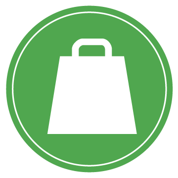 Green Circle Icon with Shopping Bag in center.