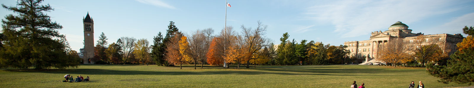 Panoramic view of Iowa State University's Central Campus Lawn. 